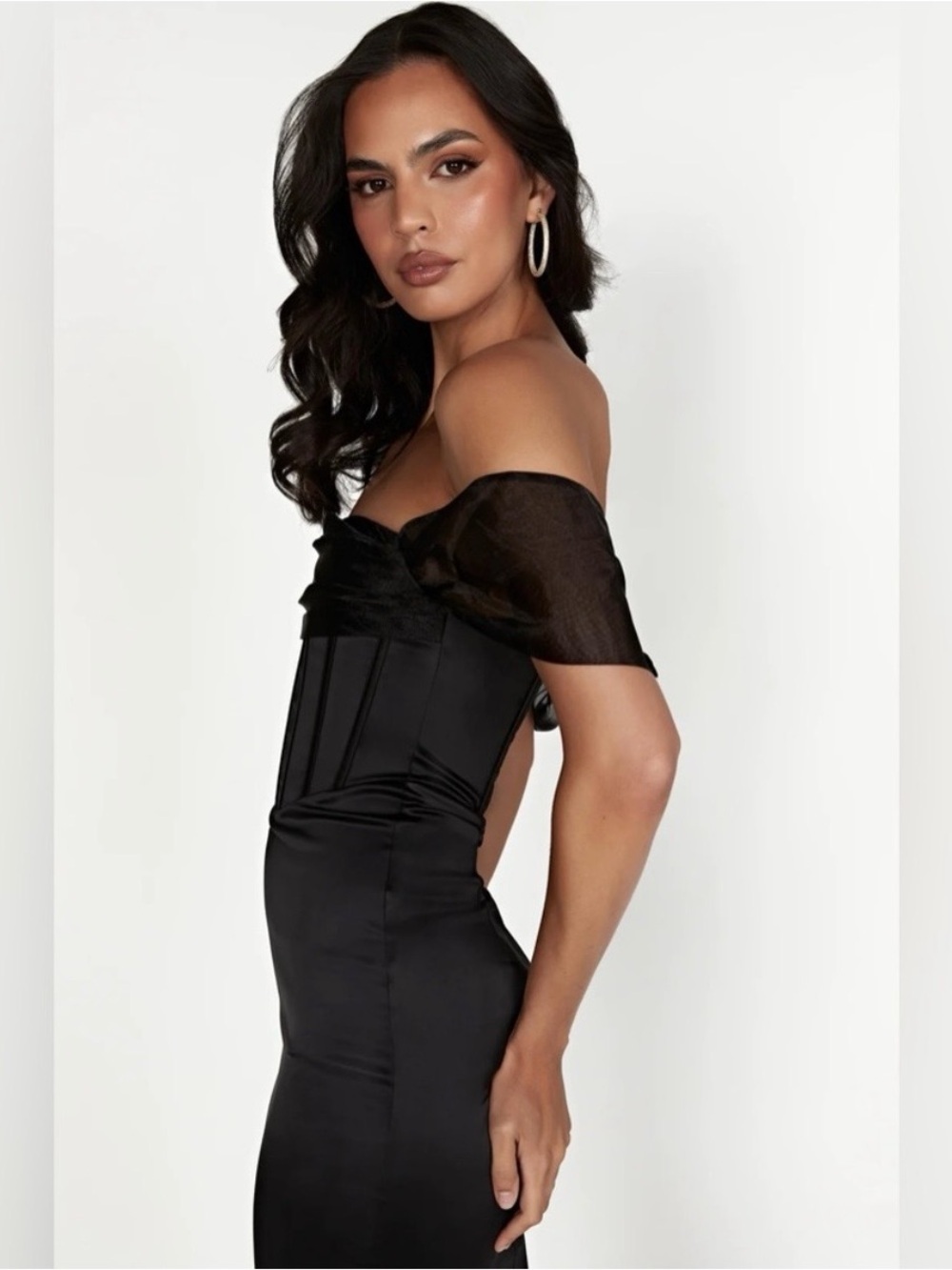 Meshki Everly Off Shoulder Organza Satin Black Maxi Dress - Picture 5 of 16